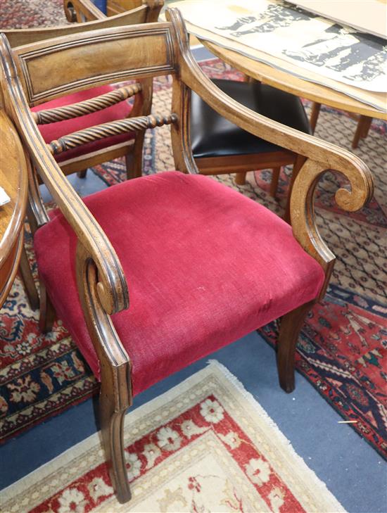 A set of nine Regency mahogany dining chairs, including two carvers, carvers W.1ft 10in. H.2ft 9in.